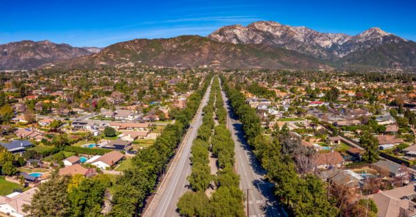 An aerial shot of Euclid street in Ontario, CA