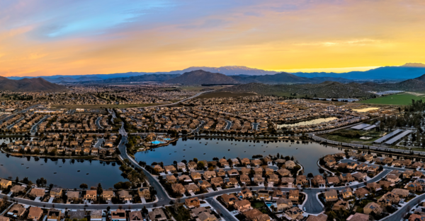 Sunset view with a neighborhood and river