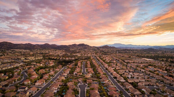 An aerial shot of homes in the Inland Valley