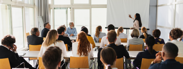 A woman giving a presentation in a room full of people